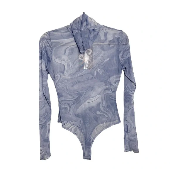 Naked Wardrobe Bodysuit Turtleneck Mesh Long Sleeve Denim Marble Size Small - Picture 1 of 3